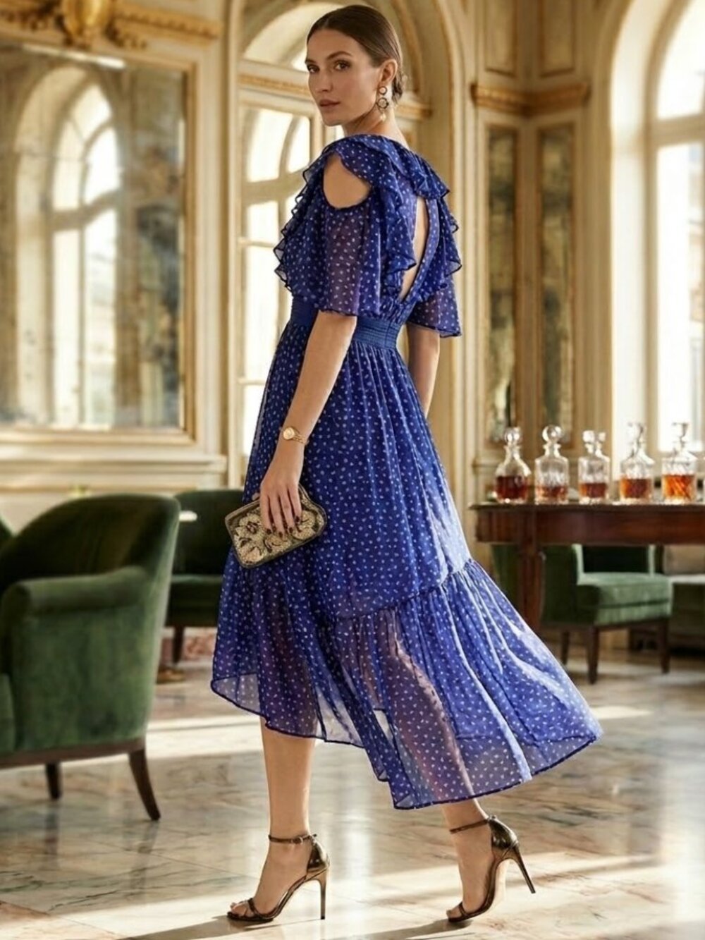 Three Floor Polka Dot V-Neck Asymmetrical Ruffle Ada Women's Dress - US Size 4